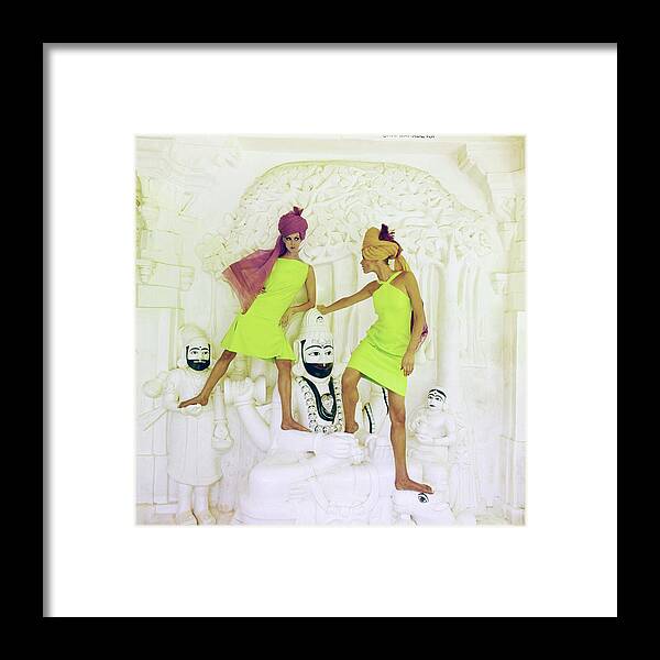 Fashion Framed Print featuring the photograph Models Wearing Green Dresses And Turbans by Henry Clarke