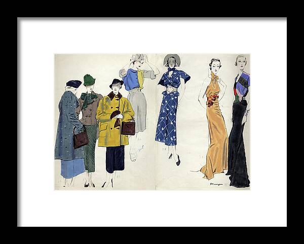 Fashion Framed Print featuring the digital art Models Wearing Schiaparelli by Pierre Mourgue