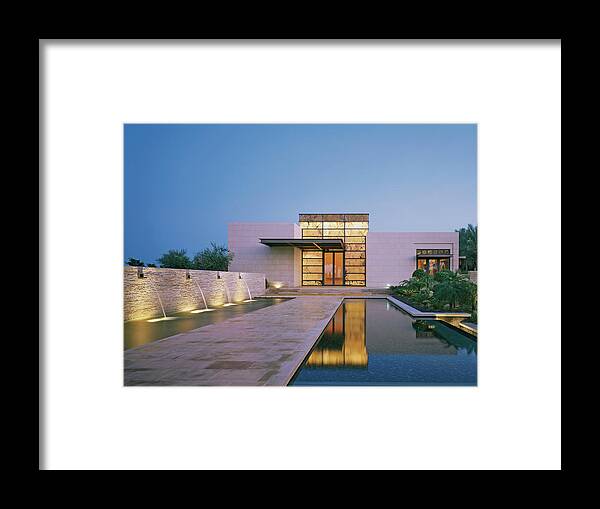No People Framed Print featuring the photograph Modern Building With Pool At Dusk by Erhard Pfeiffer