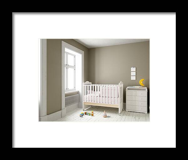 Rug Framed Print featuring the photograph Modern nursery room with blank frame by Onurdongel