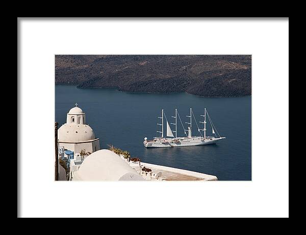Santorini Framed Print featuring the photograph Modern Windpowered Ship by Brenda Kean
