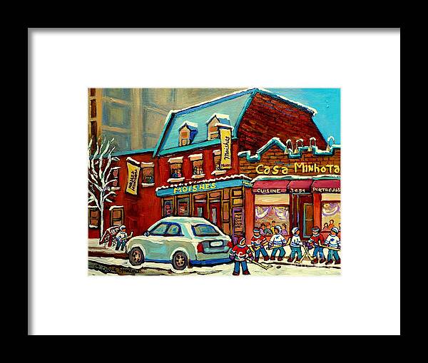 Moishes Steakhouse Framed Print featuring the painting Moishes Steakhouse Restaurant On The Main Montreal Paintings Hockey Art Original Paintings C Spandau by Carole Spandau