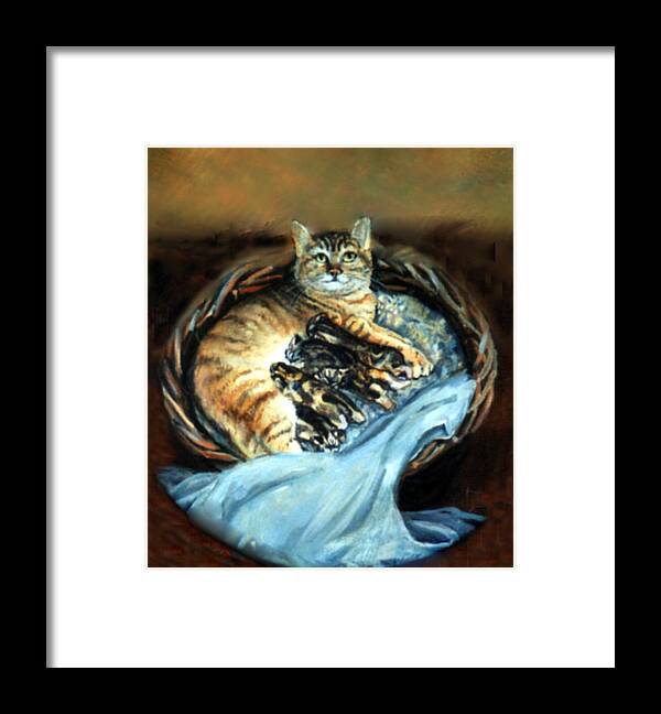 Nature Framed Print featuring the painting Mom With Her Kittens by Donna Tucker