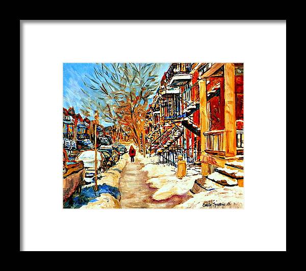 Montreal Framed Print featuring the painting Montreal Art Winterwalk In Montreal Street Scene Painting by Carole Spandau