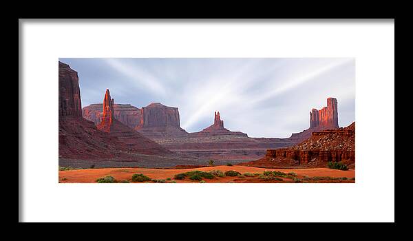 Desert Framed Print featuring the photograph Monument Valley at Sunset Panoramic by Mike McGlothlen
