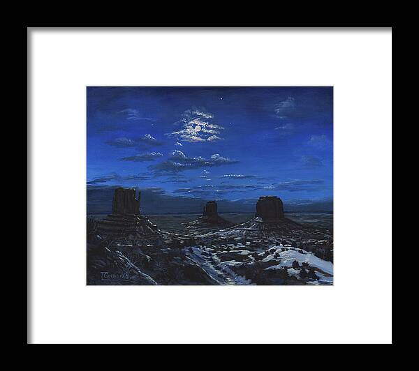 Tim Gordon Framed Print featuring the painting Monument Valley By Moon Light by Timithy L Gordon