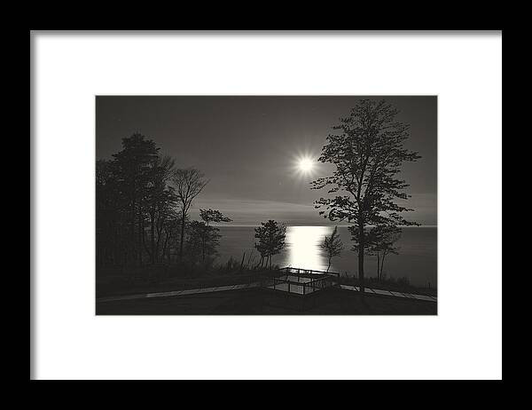 Lake Michigan Framed Print featuring the photograph Moon over Lake Michigan in Black and White by Mary Lee Dereske