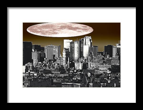 Moon Framed Print featuring the mixed media Moon Over Manhattan by Kellice Swaggerty