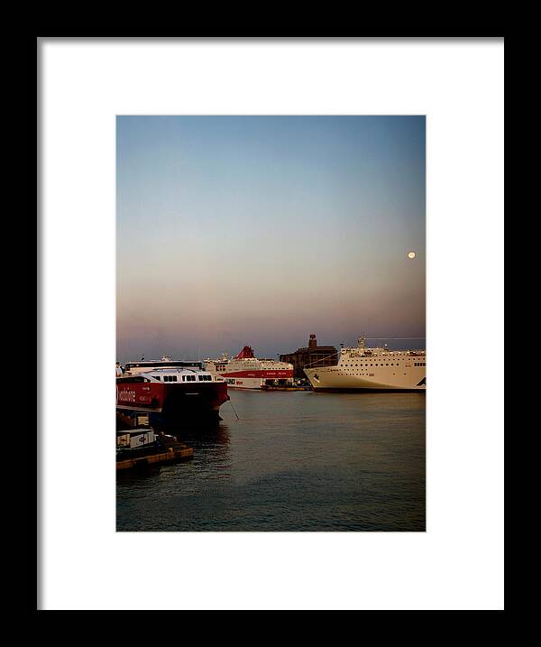 Piraeus Port Framed Print featuring the photograph Moon Over Piraeus Port by Lorraine Devon Wilke
