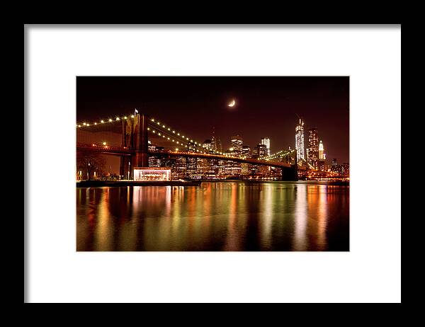 Amazing Brooklyn Bridge Photos Framed Print featuring the photograph Moon Over the Brooklyn Bridge by Mitchell R Grosky