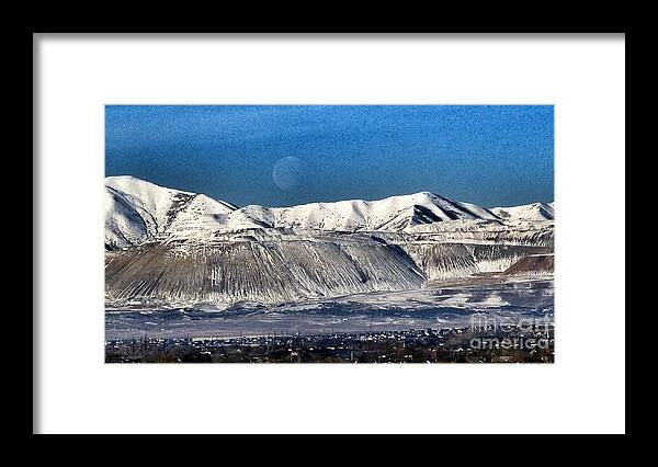 Moon Over Snow Covered Utah Mountains Framed Print featuring the photograph Moon Over The Snow Covered Mountains by Susan Garren