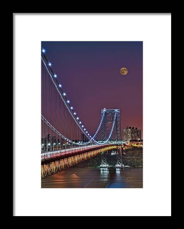Full Moons Framed Print featuring the photograph Moon Rise over the George Washington Bridge by Susan Candelario