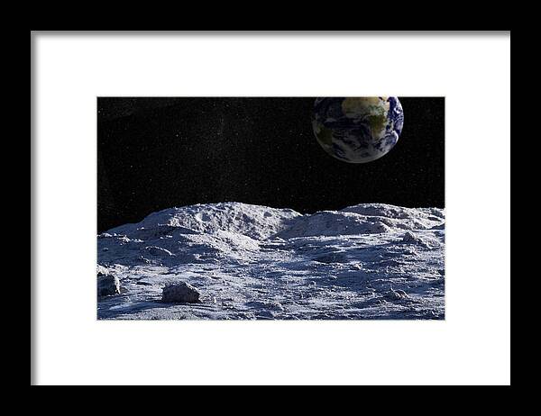 Dust Framed Print featuring the photograph Moon surface with distant Earth and starfield by Photovideostock