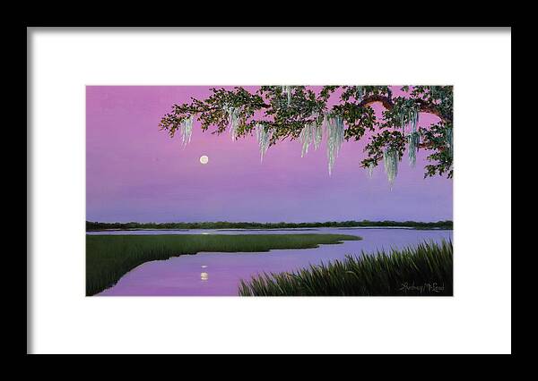Coastal Early Moon Rising Framed Print featuring the painting Moonlit by Audrey McLeod