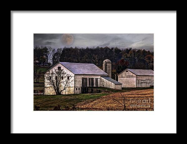 Pennsylvania Images Framed Print featuring the photograph Moonrise over an Amish Farm by Gene Bleile Photography 