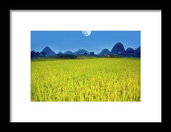 Scenics Framed Print featuring the photograph Moonrise Over Rice Field by Grant Faint