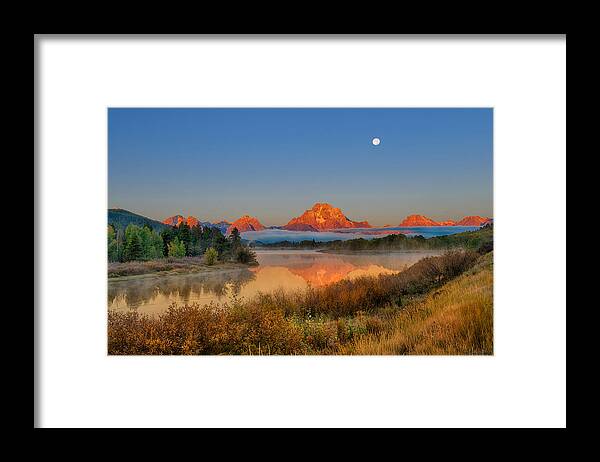 Oxbow Bend Framed Print featuring the photograph Moonset over Oxbow Bend by Greg Norrell