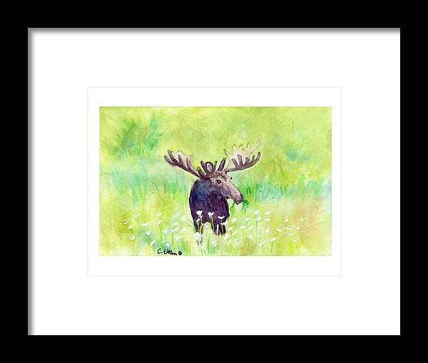C Sitton Painting Paintings Framed Print featuring the painting Moose in Flowers by C Sitton