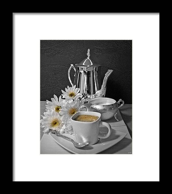 Still Life Framed Print featuring the photograph Morning Coffee with White Chrysanthemum Still Life Art Poster by Lily Malor
