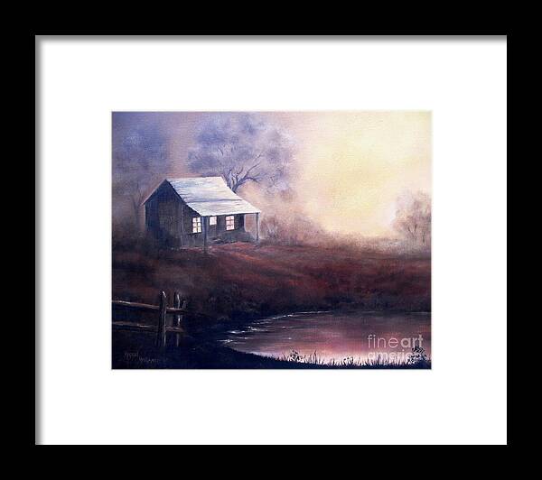 Old Cabin Framed Print featuring the painting Morning Reflections by Hazel Holland