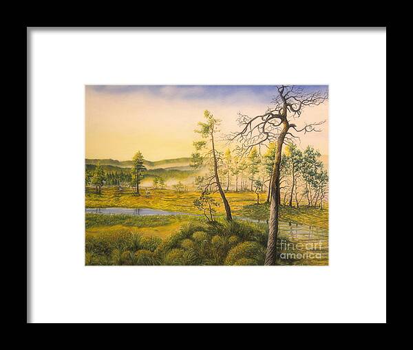 Art Framed Print featuring the pastel Morning swamp by Veikko Suikkanen