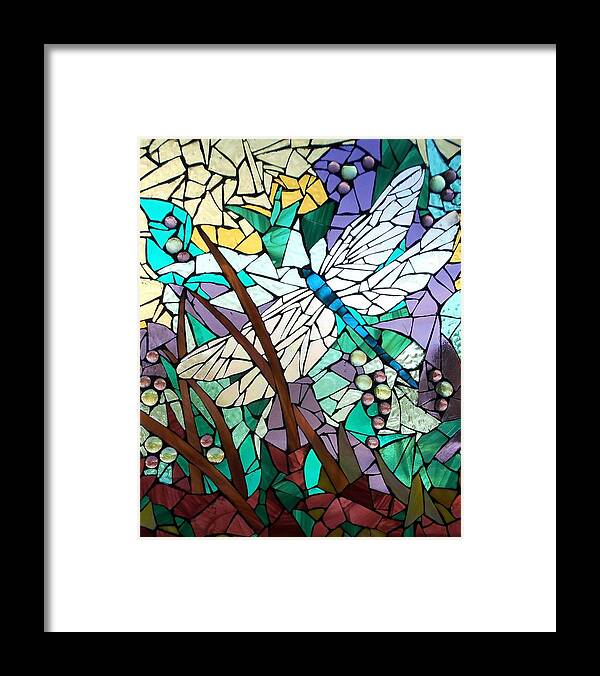 Dragonfly Framed Print featuring the glass art Mosaic Stained Glass - Dragonfly 3 by Catherine Van Der Woerd