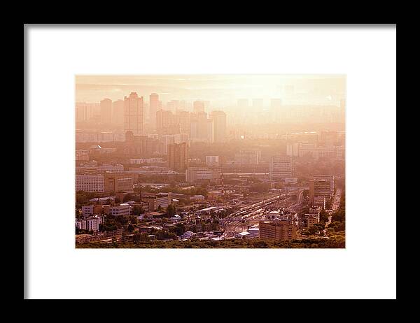 Passenger Train Framed Print featuring the photograph Moscow Cityscape In Sunset Light by Mordolff