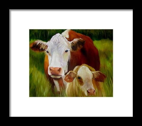 Hereford Cow Framed Print featuring the painting Mother Cow and Baby Calf by Cheri Wollenberg