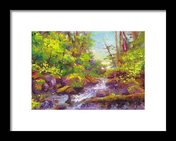 Impressionist Framed Print featuring the painting Mother's Day Oasis - woodland river by Talya Johnson