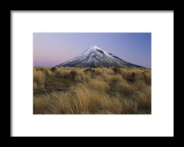Feb0514 Framed Print featuring the photograph Mount Taranaki At Dusk New Zealand by Shaun Barnett