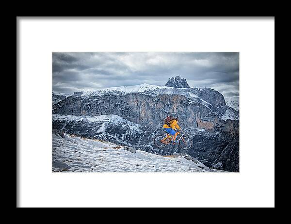 Balance Framed Print featuring the photograph Mountain Bike Mtb In The Snow by Stefan Kuerzi