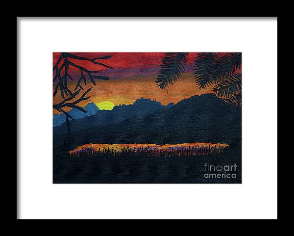 Sunset Framed Print featuring the painting Mountain Lake at Sunset by Vicki Maheu