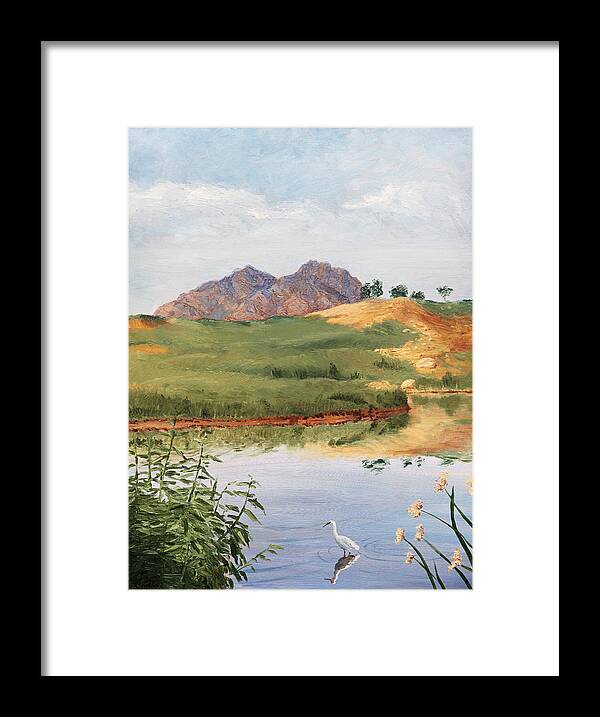 Animals Framed Print featuring the painting Mountain Landscape with Egret by Masha Batkova
