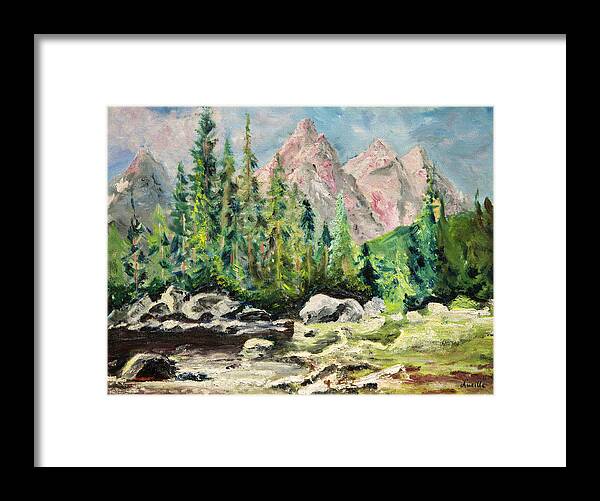 Mountain Scene Oil Painting Framed Print featuring the painting Mountain Scene by Lucille Valentino
