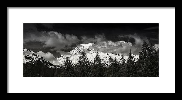 Mt Framed Print featuring the photograph Mt Rainier Panorama B W by Steve Gadomski