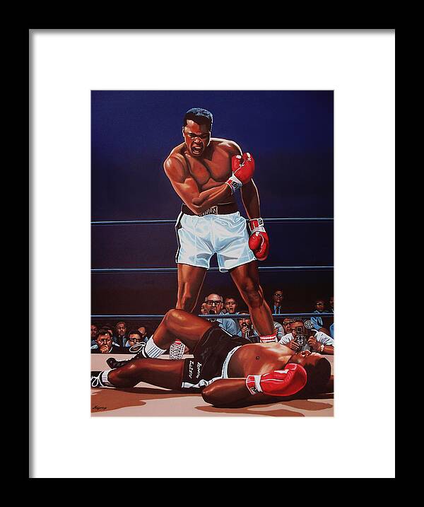 Mohammed Ali Versus Sonny Liston Muhammad Ali Paul Meijering Boxing Boxer Prizefighter Mohammed Ali Ali Sonny Liston Cassius Clay Big Bear The Greatest Boxing Champion The People's Champion The Louisville Lip Knockout Paul Meijering Wbc World Champions Heavyweight Boxing Champions Athlete Icon Portrait Realism Sport Heavyweight Adventure Down Sportsman Hero Painting Canvas Realistic Painting Art Artwork Work Of Art Realistic Art Ring Celebrity Celebrities Framed Print featuring the painting Muhammad Ali versus Sonny Liston by Paul Meijering