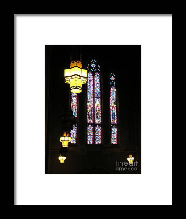 Muhlenberg College Framed Print featuring the photograph Egner Memorial Chapel Windows and Tudor Luminaries by Jacqueline M Lewis