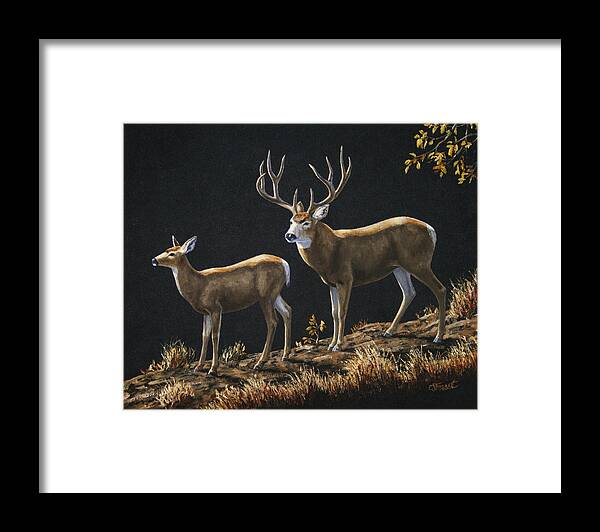 Deer Framed Print featuring the painting Mule Deer Ridge by Crista Forest