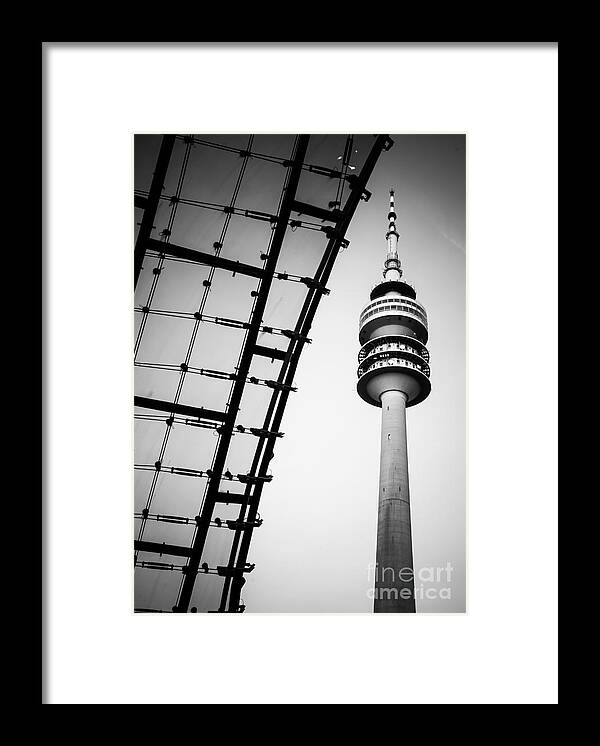 Architecture Framed Print featuring the photograph Munich - Olympiaturm And The Roof - Bw by Hannes Cmarits