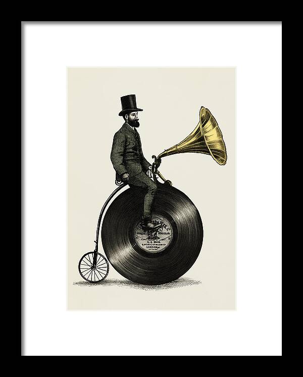 Music Vintage Vinyl Record Victorian Top Hat Gramophone Victrola Nostalgic Cycling Penny Farthing Moustache Framed Print featuring the drawing Music Man by Eric Fan