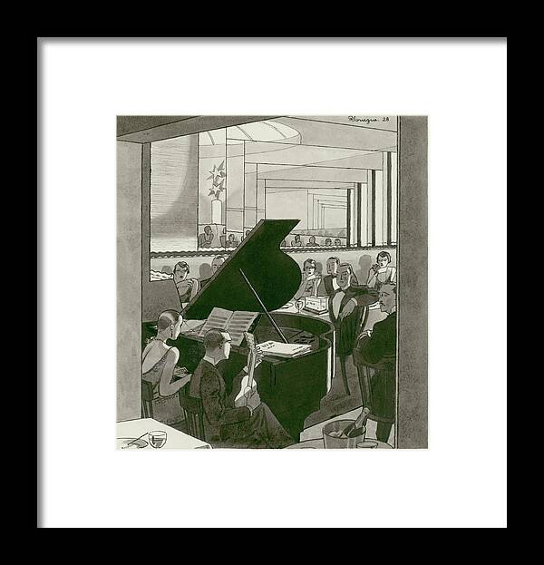 Illustration Framed Print featuring the digital art Musicians Entertain Patrons by Pierre Mourgue