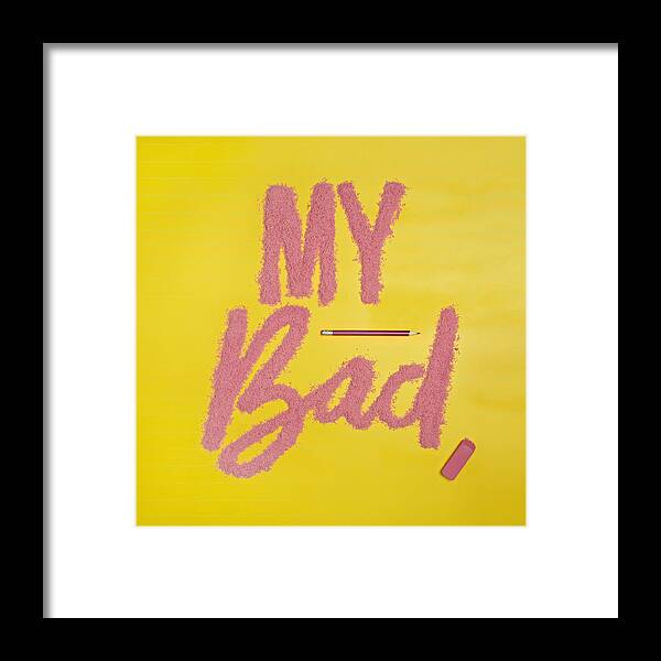 Mistake Framed Print featuring the photograph My Bad Spelled Out In Eraser Crumbs by Juj Winn