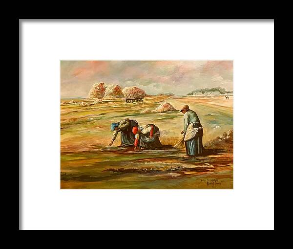 Landscapes Framed Print featuring the painting My rendition of Millet s The Gleaners by Kendra Sorum