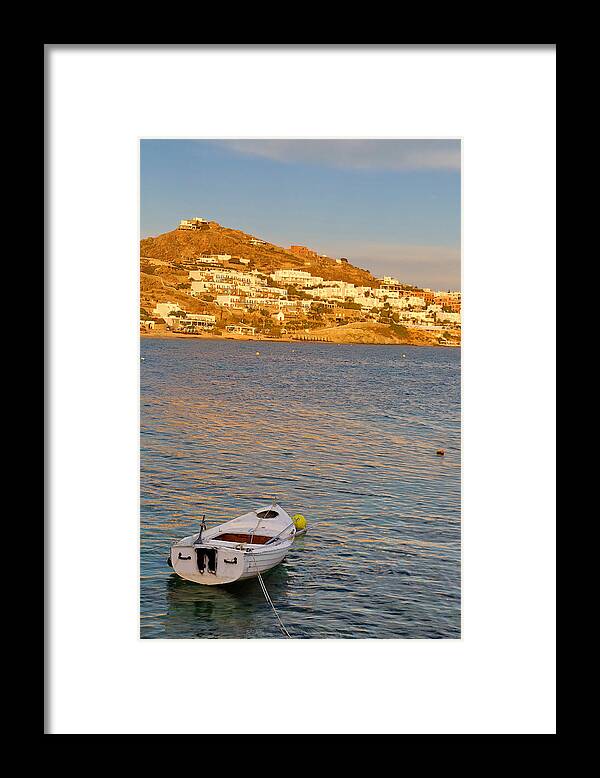 Water Framed Print featuring the photograph Mykonos Island and boat by Jack Nevitt