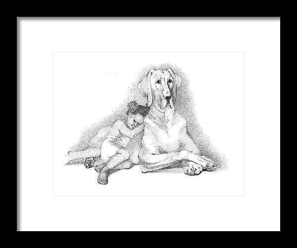  Framed Print featuring the drawing Nap time. Dog and a girl. Stippling. by Alena Nikifarava