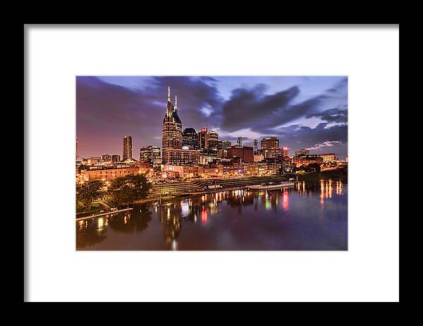 Neon Framed Print featuring the photograph Nashville Cityscape by Diana Powell