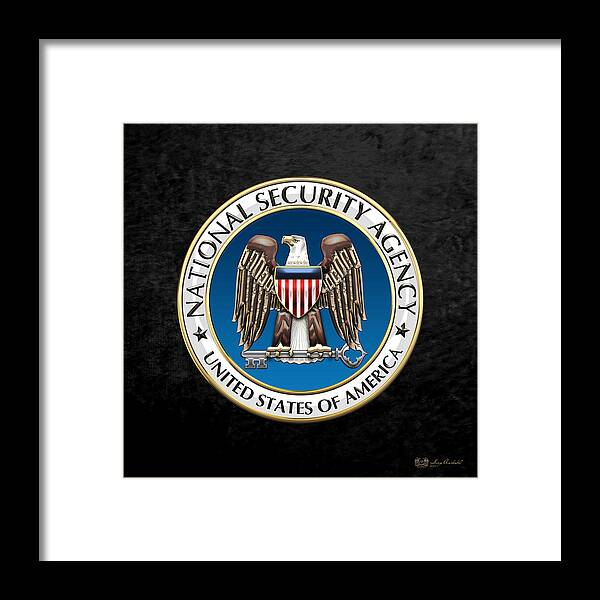 'military Insignia & Heraldry 3d' Collection By Serge Averbukh Framed Print featuring the digital art National Security Agency - N S A Emblem on Black Velvet by Serge Averbukh