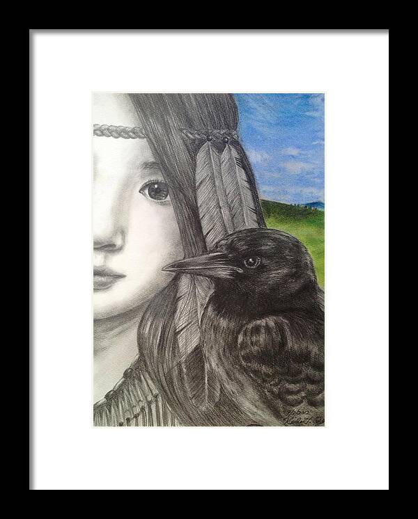 Native American And Crow Framed Print featuring the drawing Native American and little crow by Keiko Olds