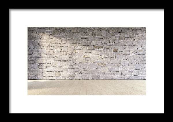 Shadow Framed Print featuring the drawing Natural stone wall and wooden floor, 3D Rendering by Westend61