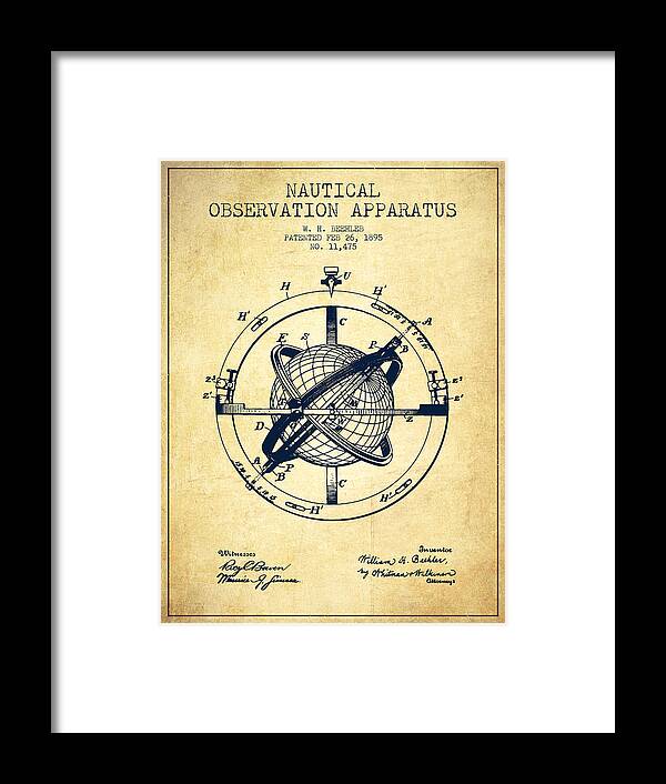 Compass Framed Print featuring the digital art Nautical Observation Apparatus Patent From 1895 - Vintage by Aged Pixel